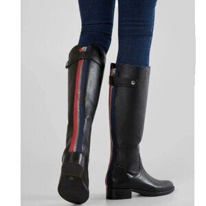 Steve Madden Journal Black Leather Back Zip Riding Boot w/Red & Blue Stripe